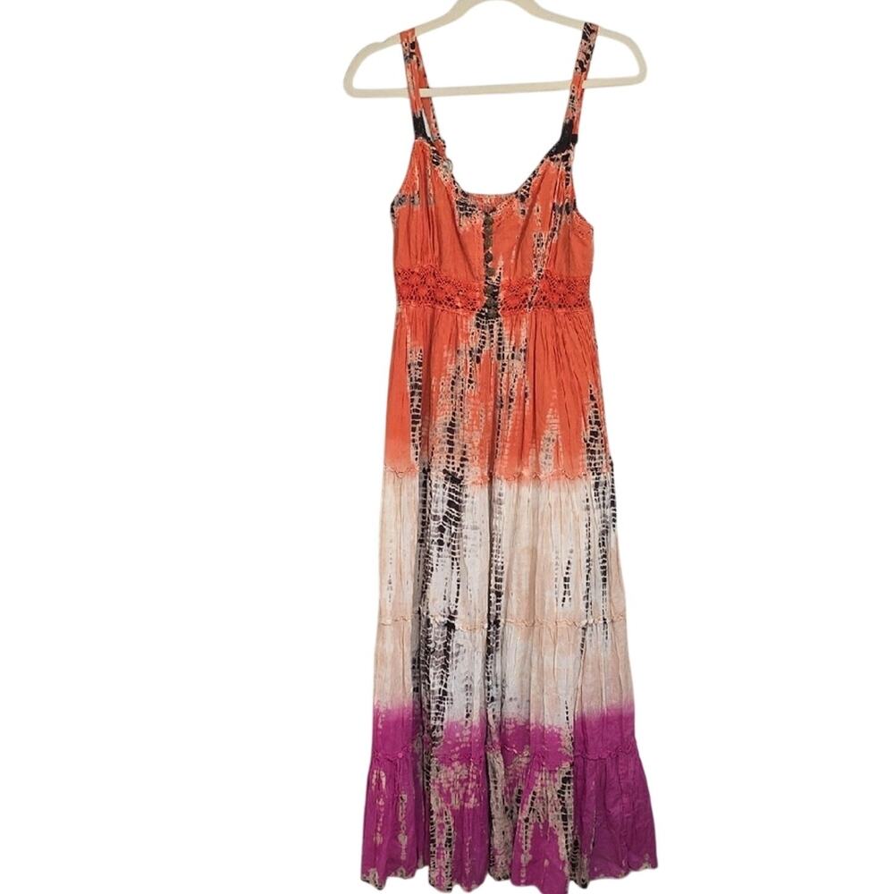 Women Sz M Babydoll BOHO 90s Hippie Y2K Tie Dye Maxi Tiered Lace Layer Dress